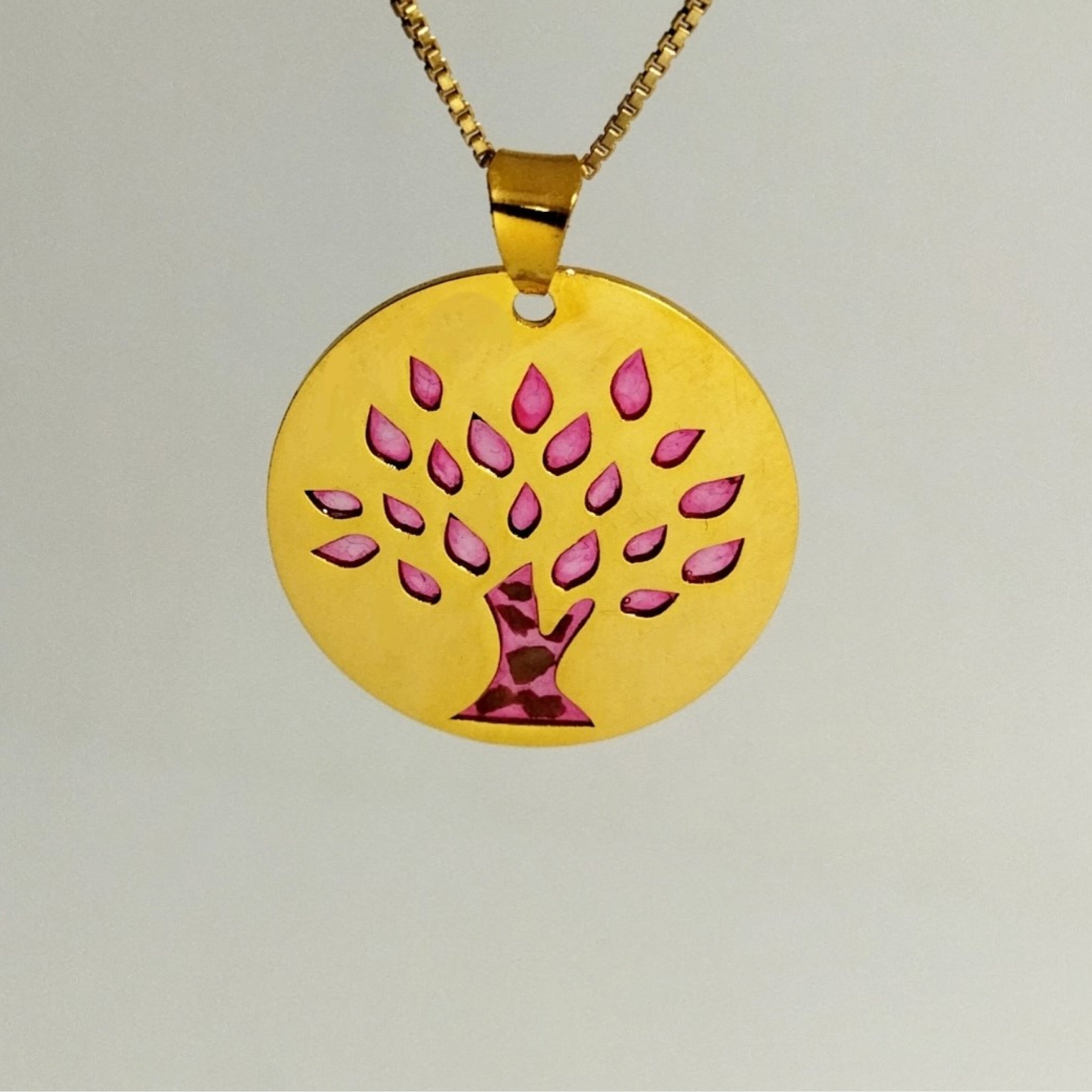 Gold plated Silver olive tree necklace with stones from different cities. Handmade in Palestine. Fair trade
