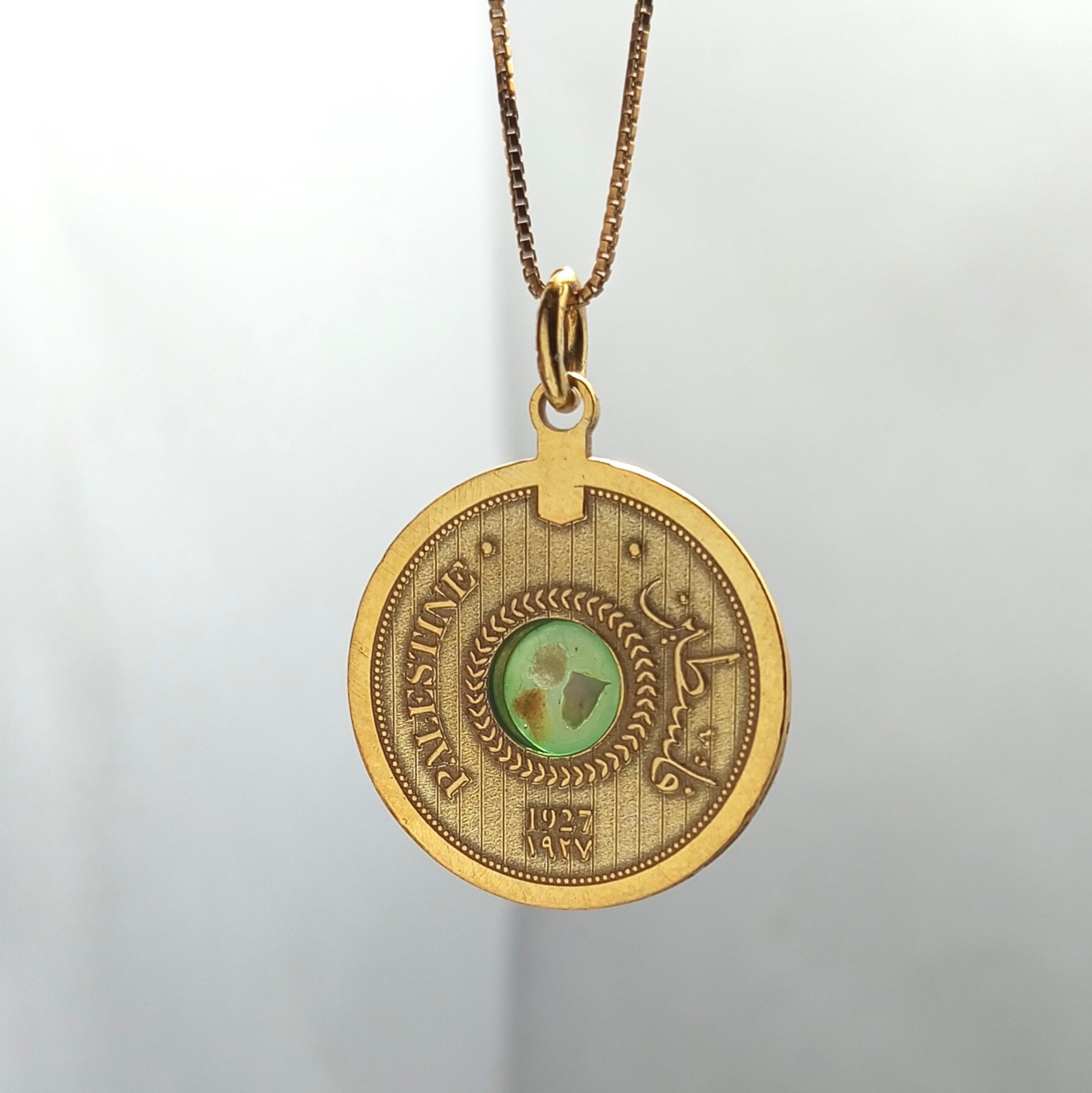 Silver coin necklace with stones from different cities. Handmade in Palestine. Fair trade