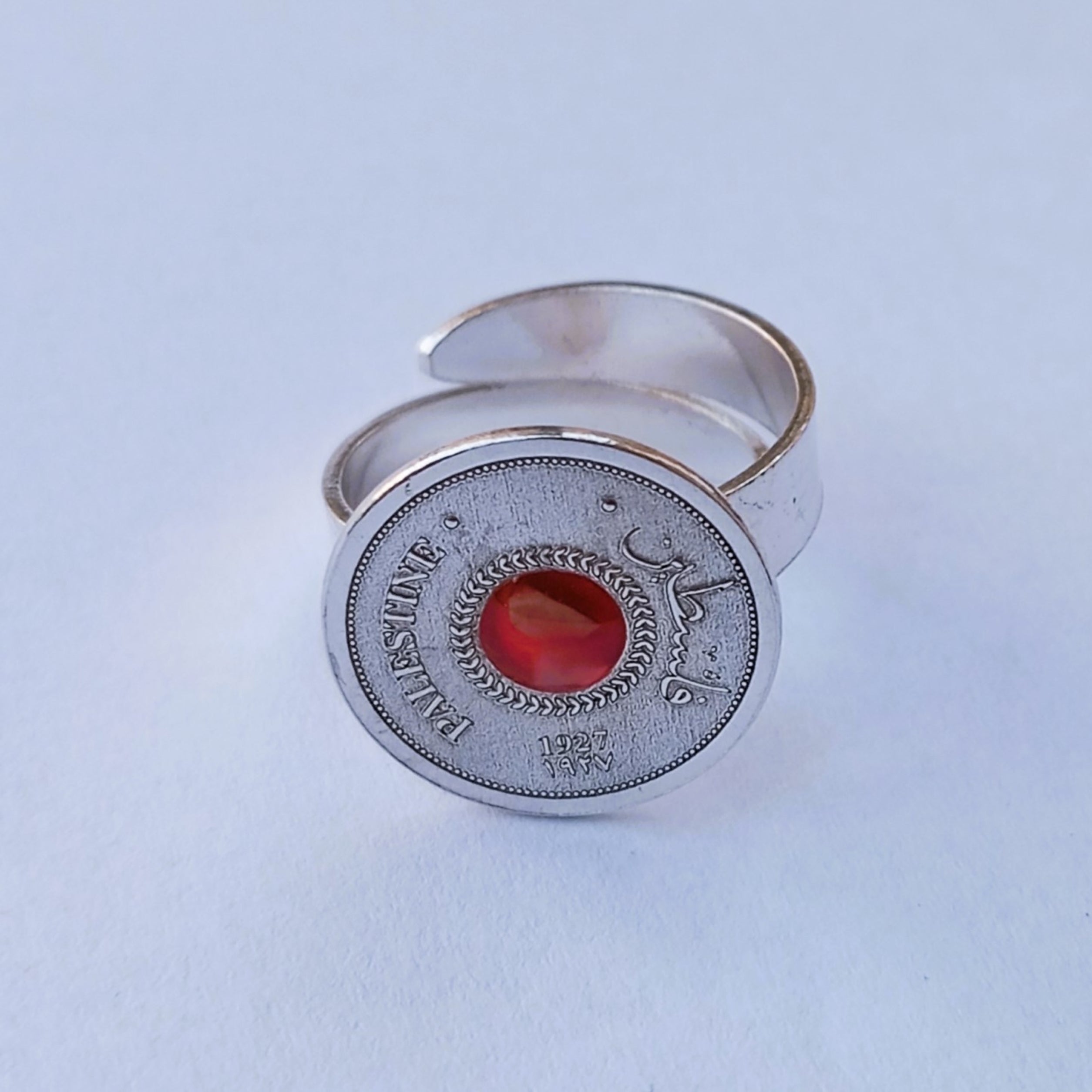 Silver coin ring with stones from different cities. Handmade in Palestine. Fair trade