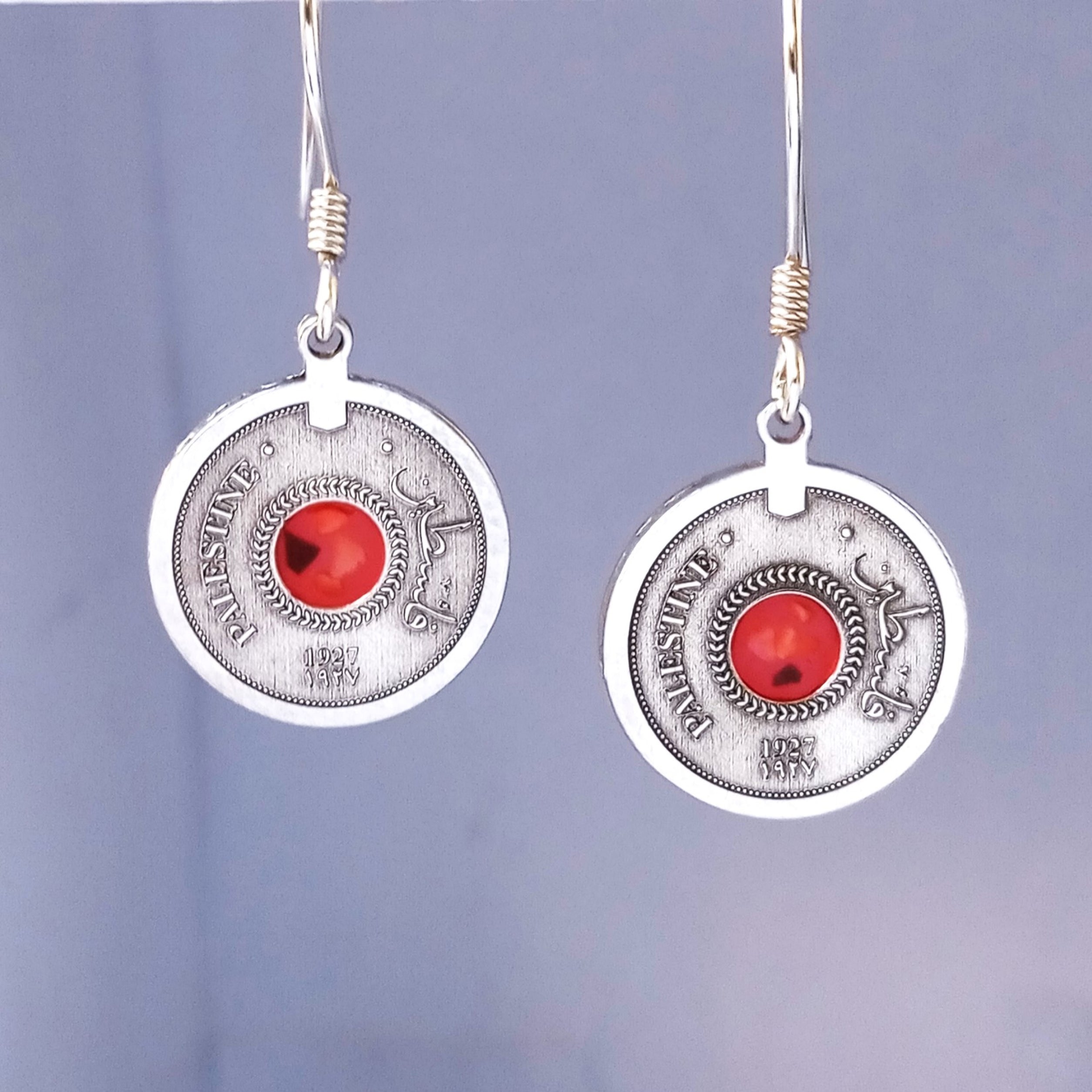 Silver coin earrings with stones from different cities. Handmade in Palestine. Fair trade