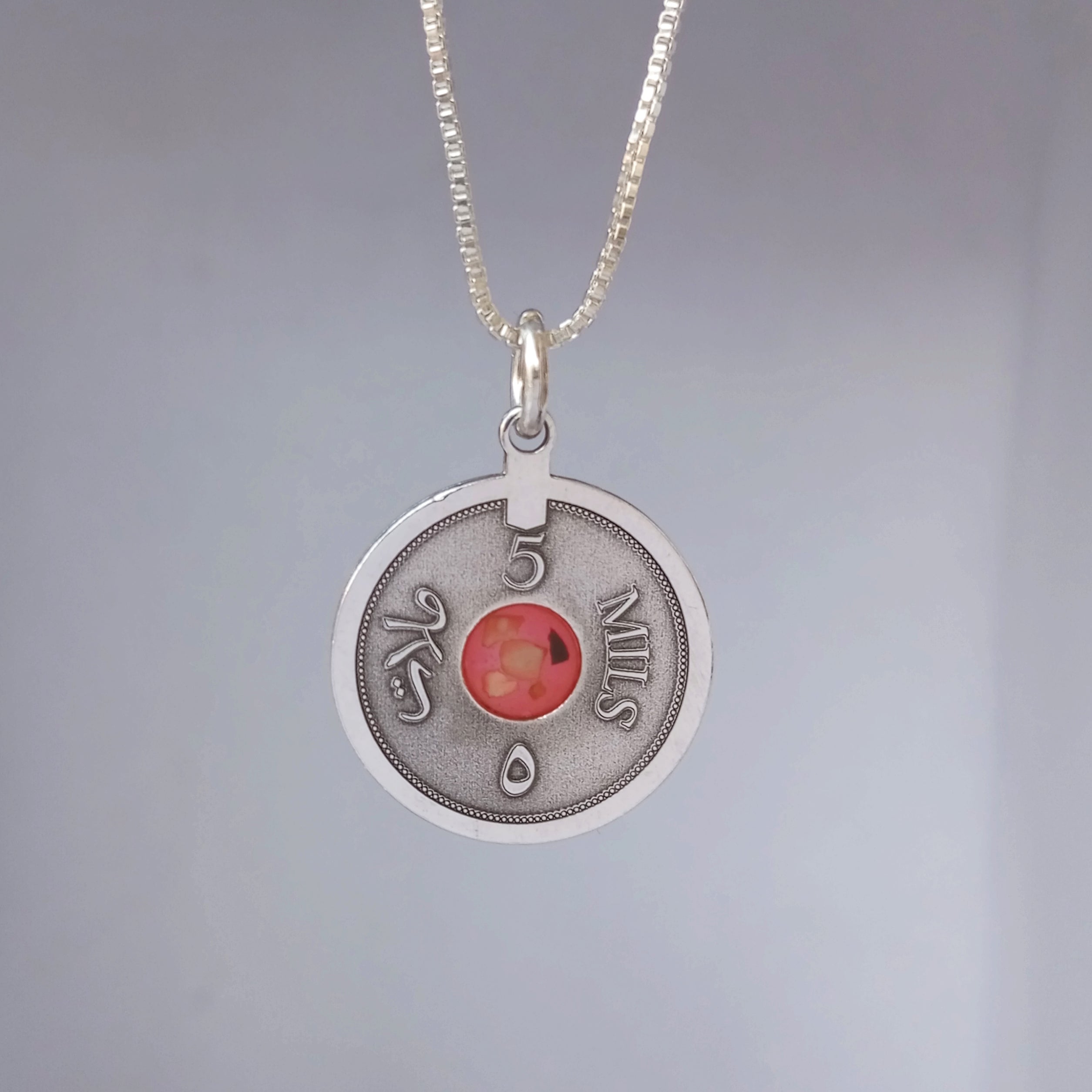 Silver coin necklace with stones from different cities. Handmade in Palestine. Fair trade