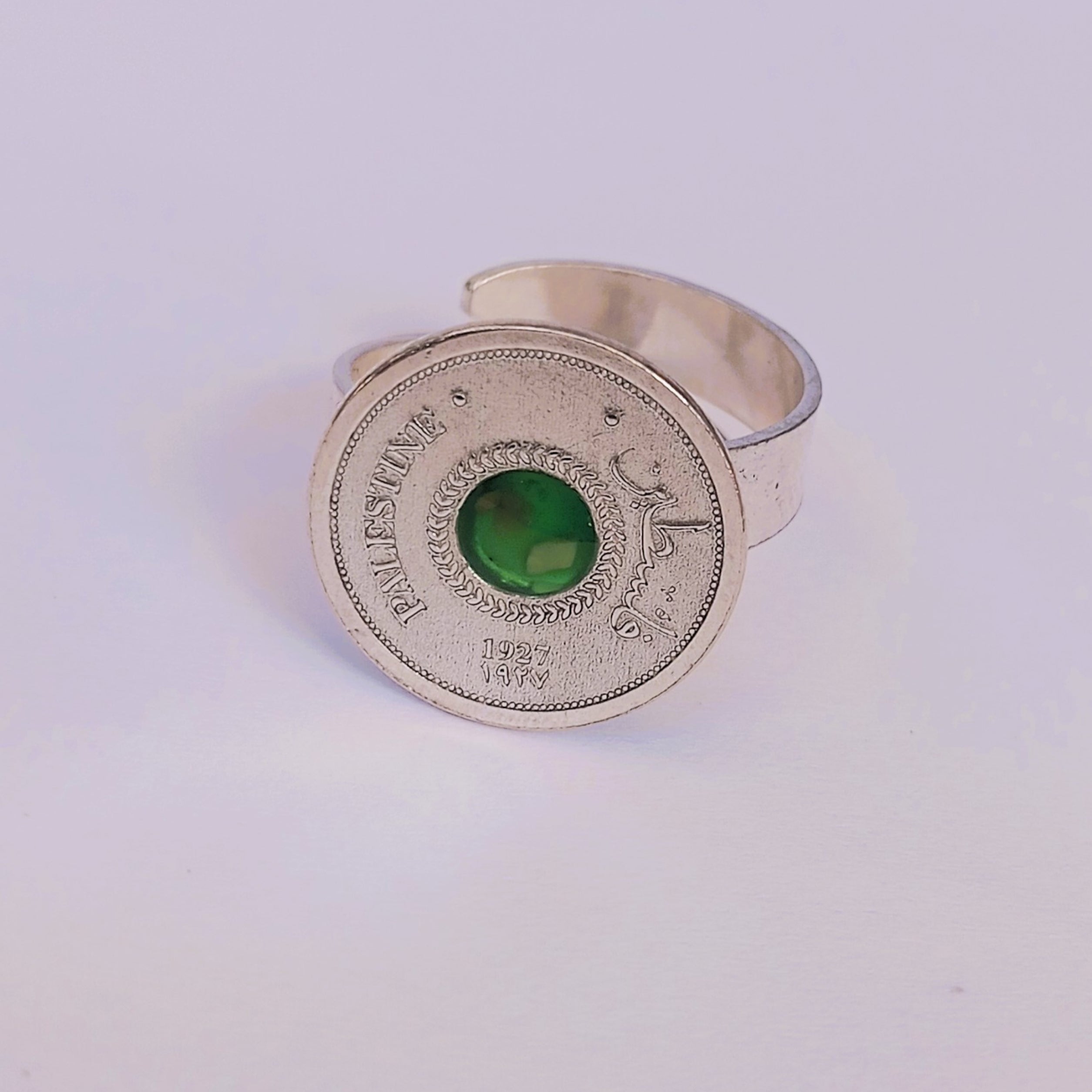Silver coin ring with stones from different cities. Handmade in Palestine. Fair trade