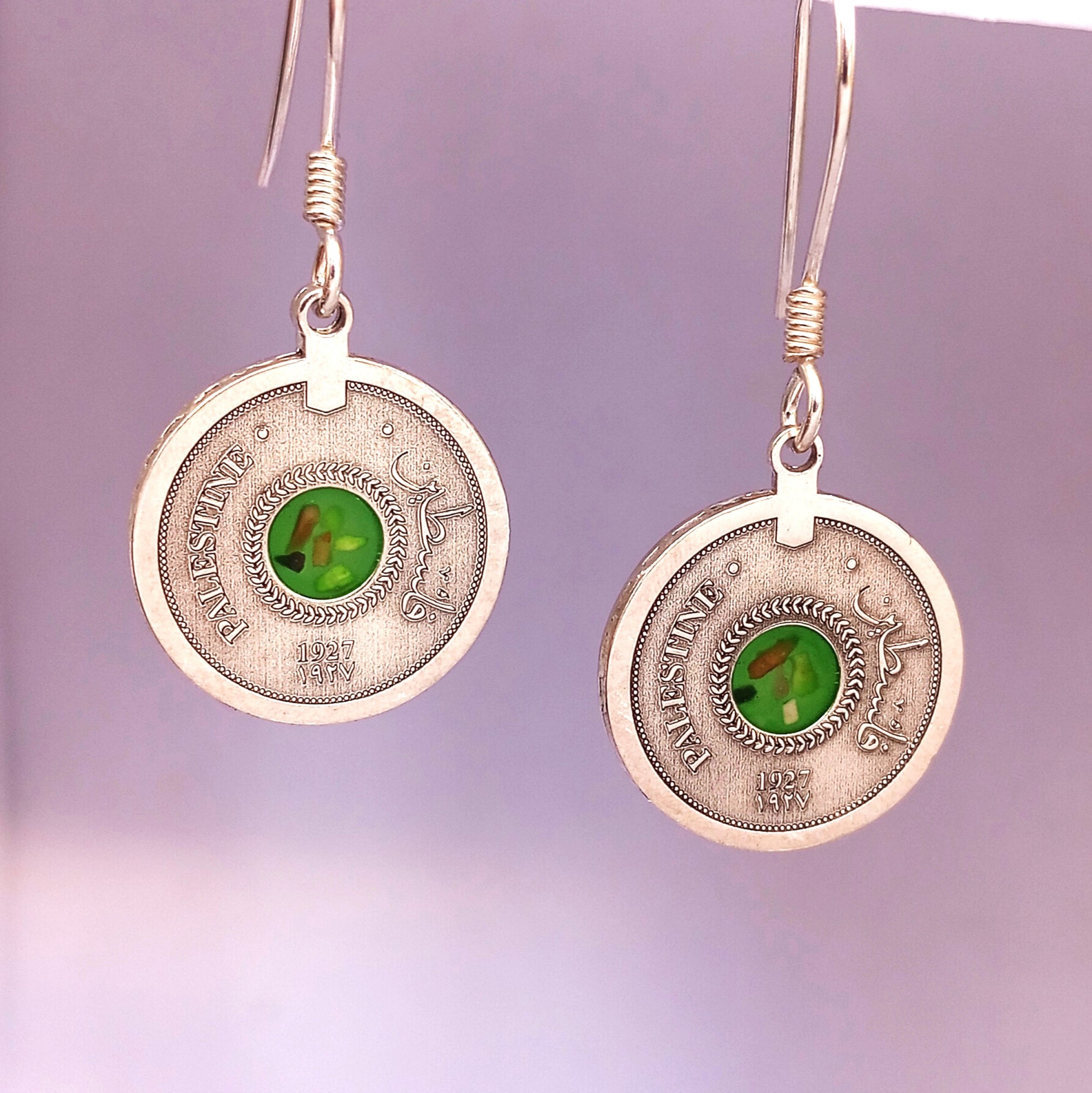 Silver coin earrings with stones from different cities. Handmade in Palestine. Fair trade