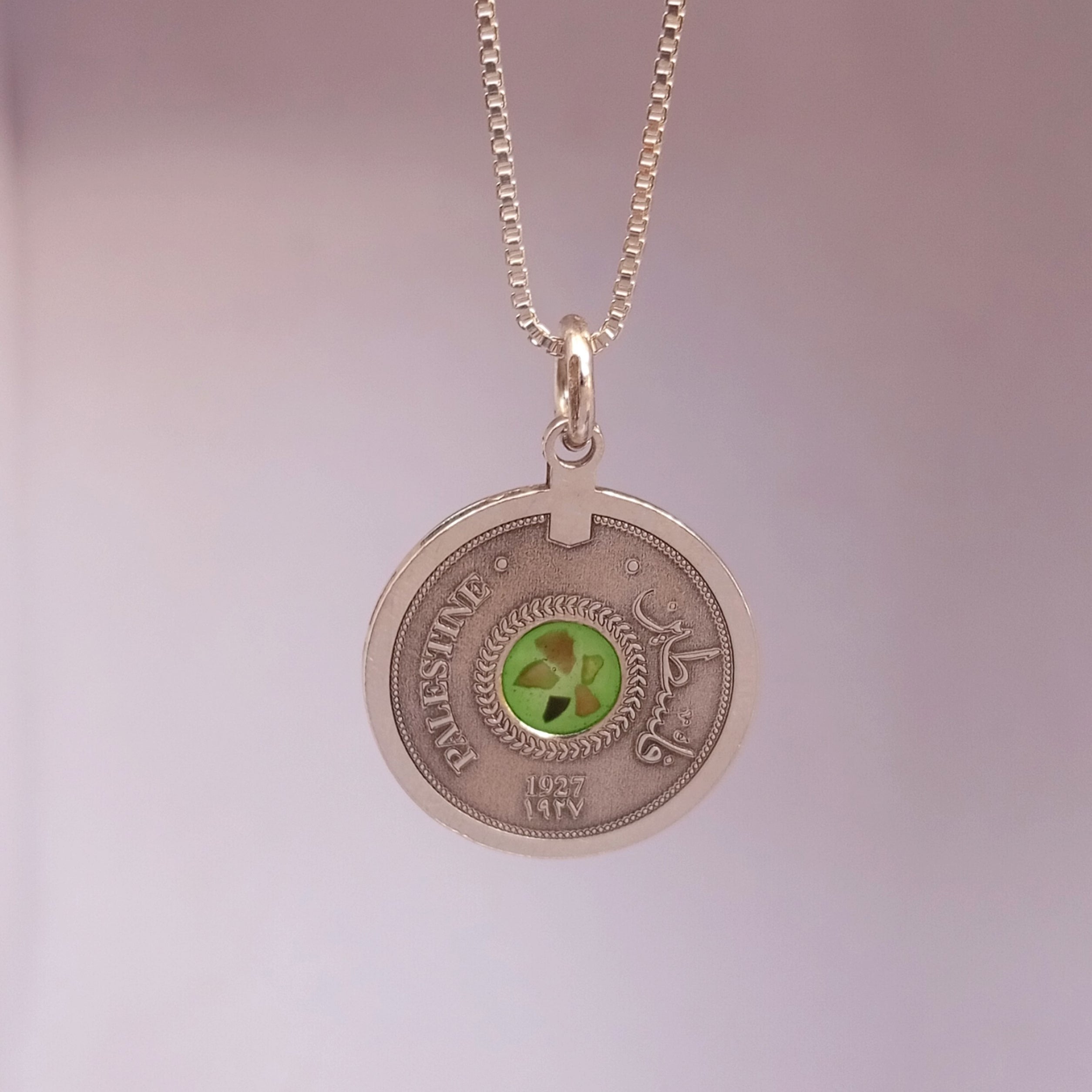 Silver coin necklace with stones from different cities. Handmade in Palestine. Fair trade
