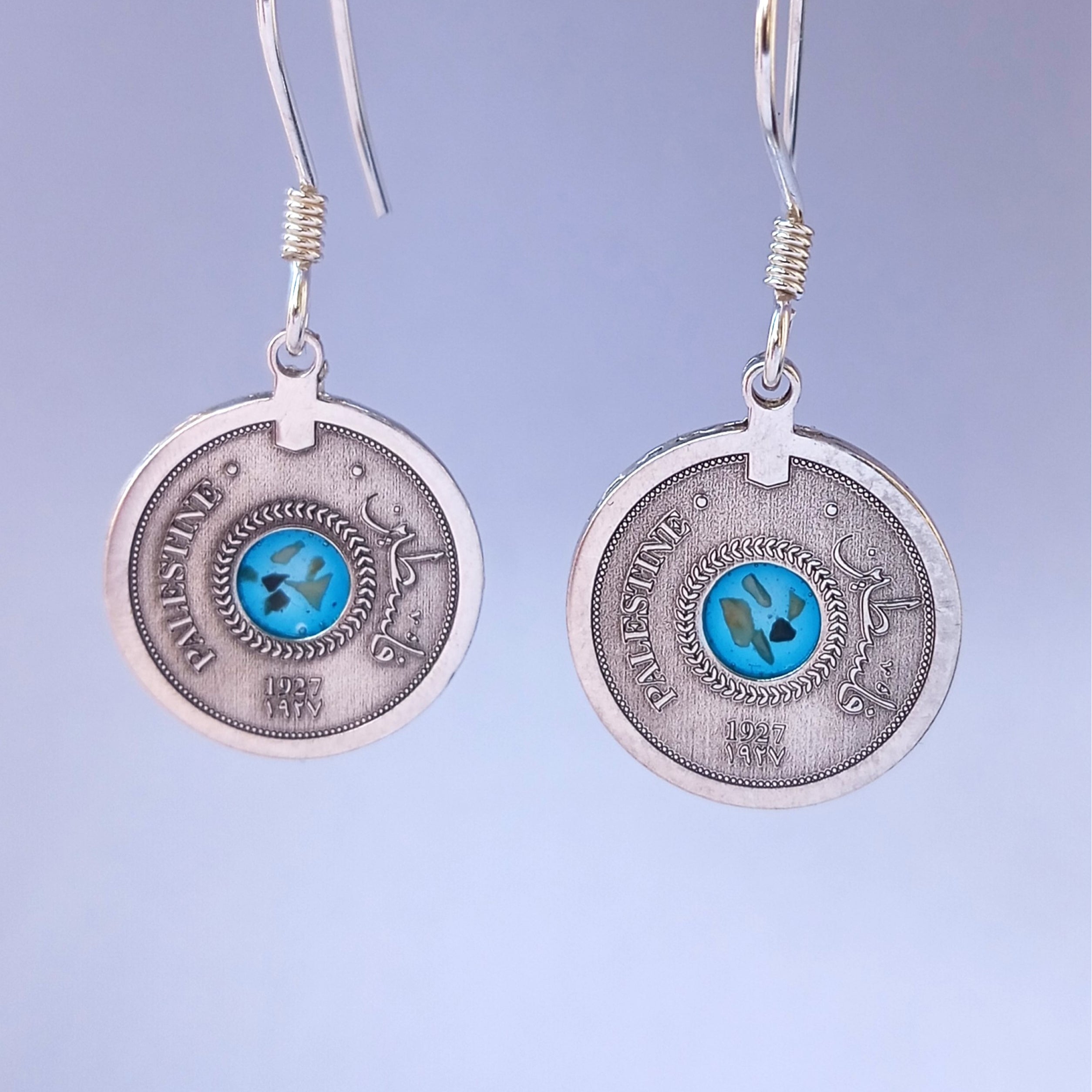 Silver coin earrings with stones from different cities. Handmade in Palestine. Fair trade