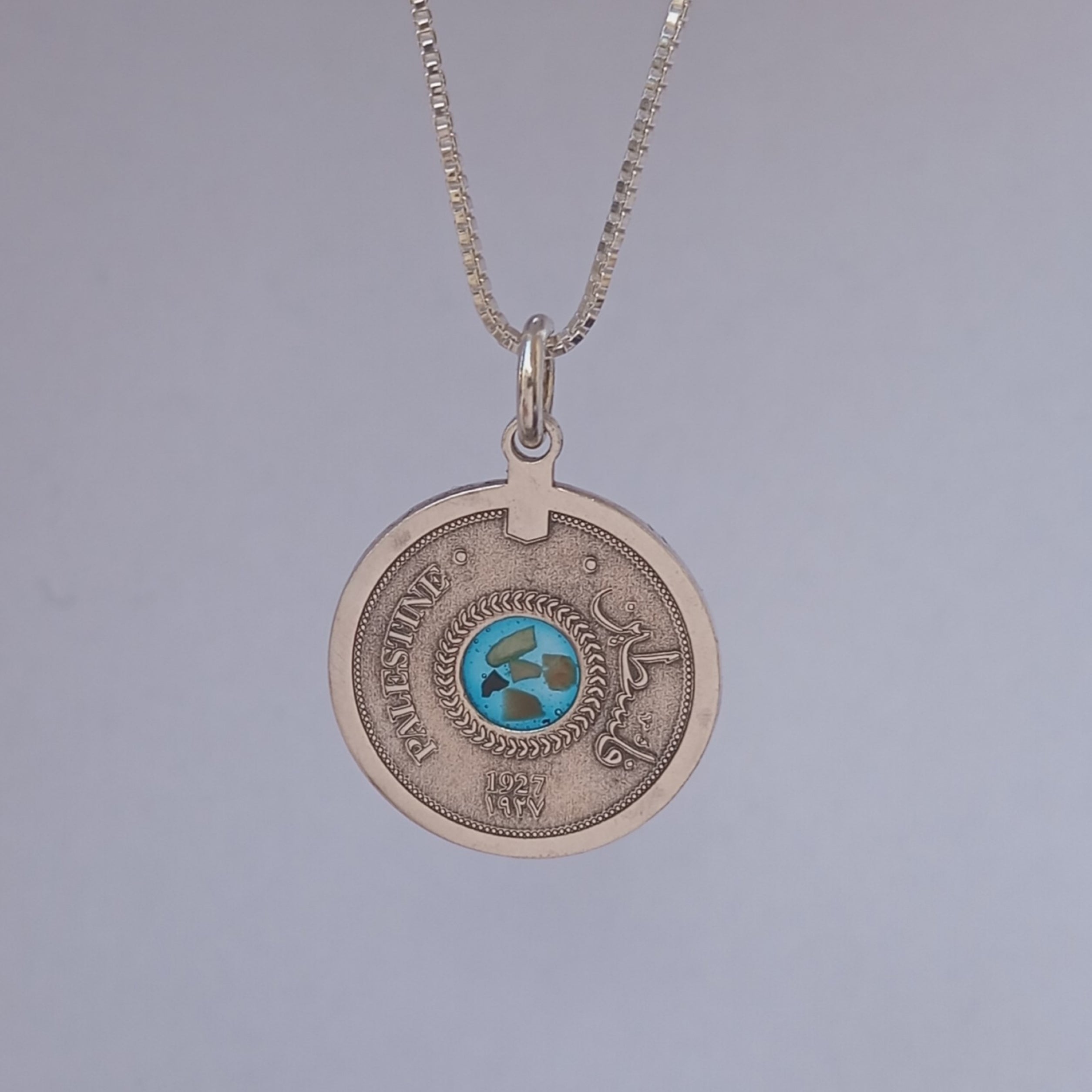 Silver coin necklace with stones from different cities. Handmade in Palestine. Fair trade