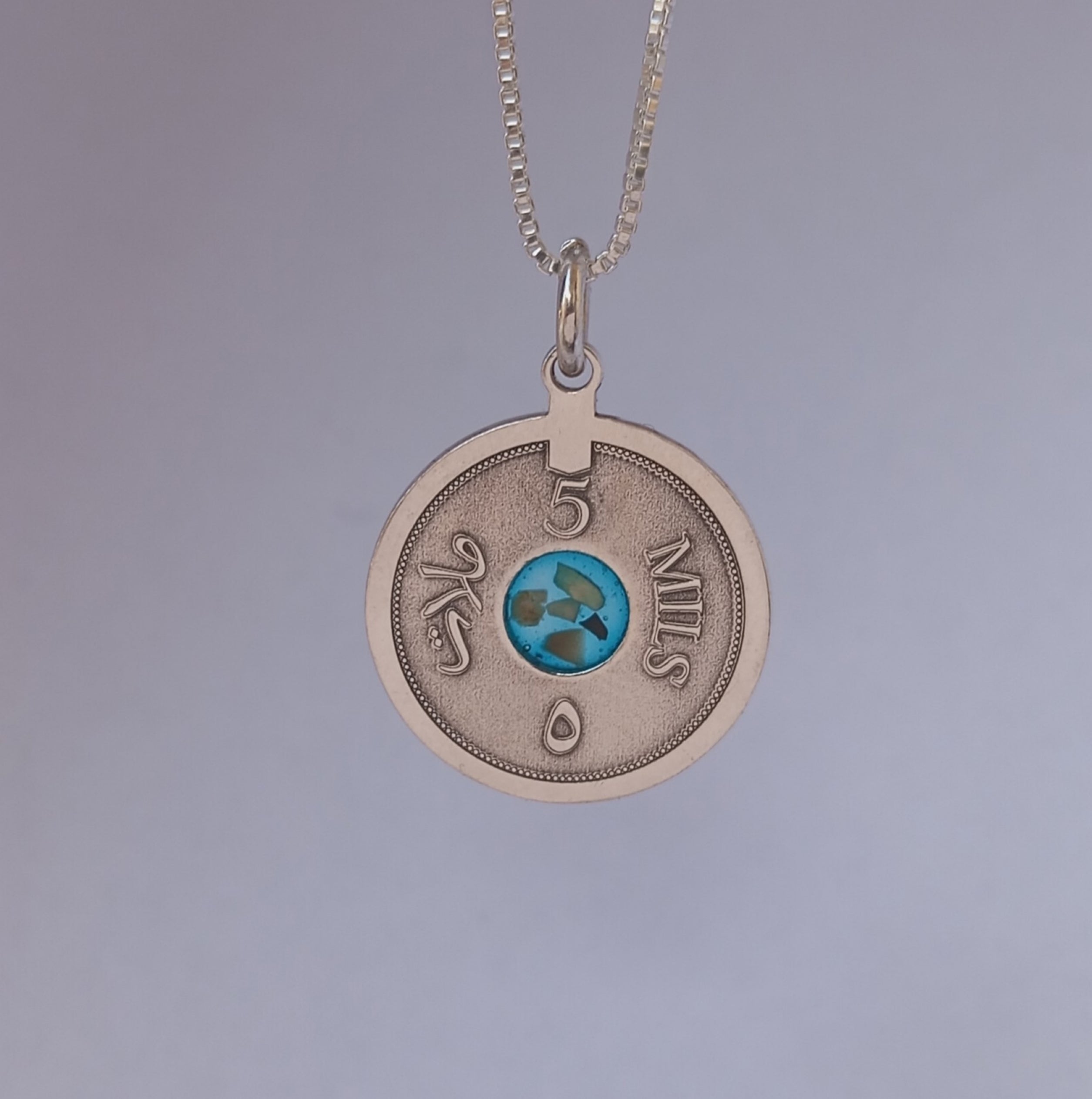 Silver coin necklace with stones from different cities. Handmade in Palestine. Fair trade