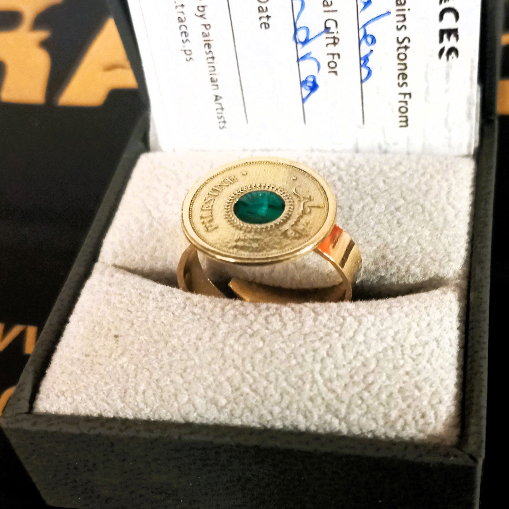 Silver coin ring with stones from different cities. Handmade in Palestine. Fair trade
