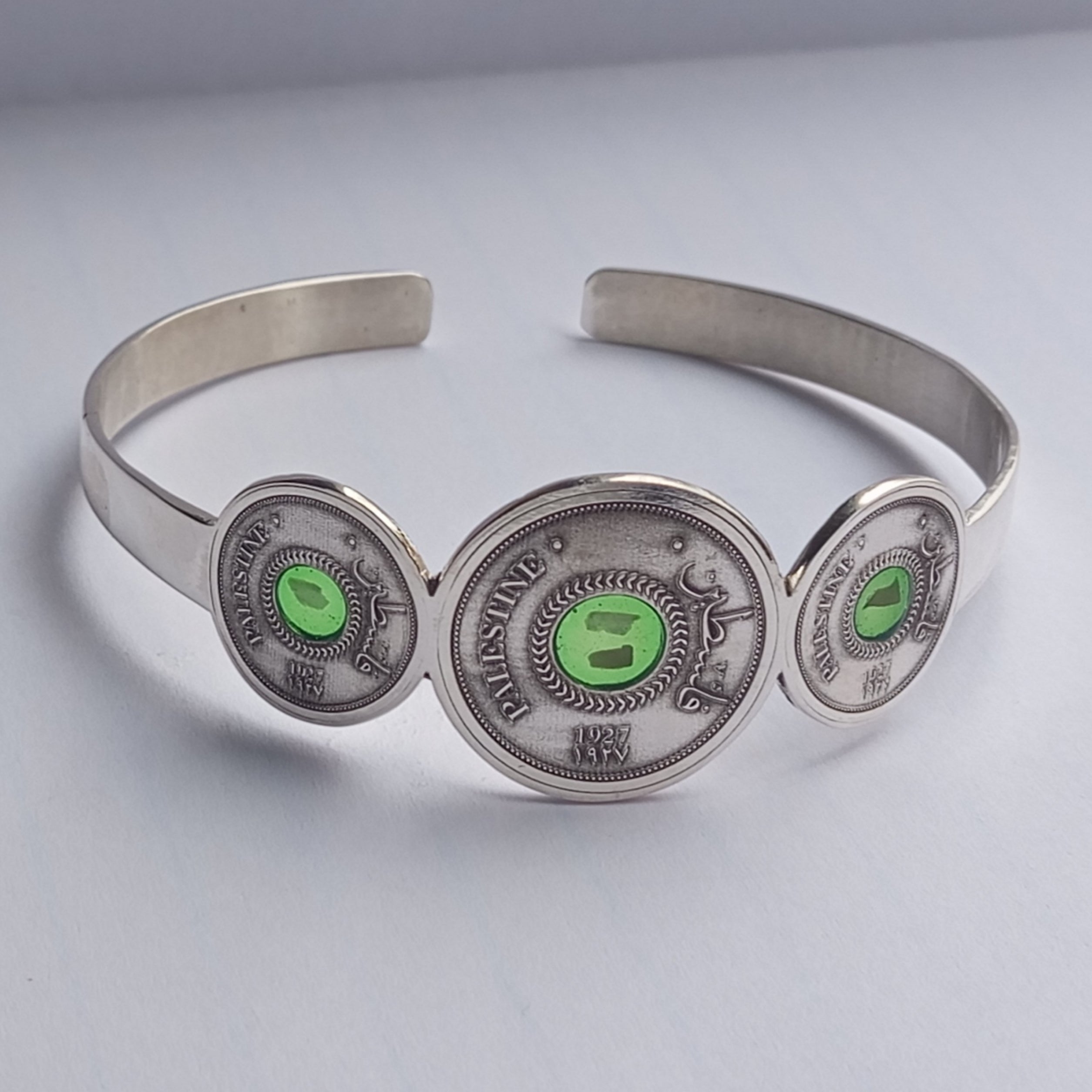 Silver coin bracelet with stones from different cities. Handmade in Palestine. Fair trade