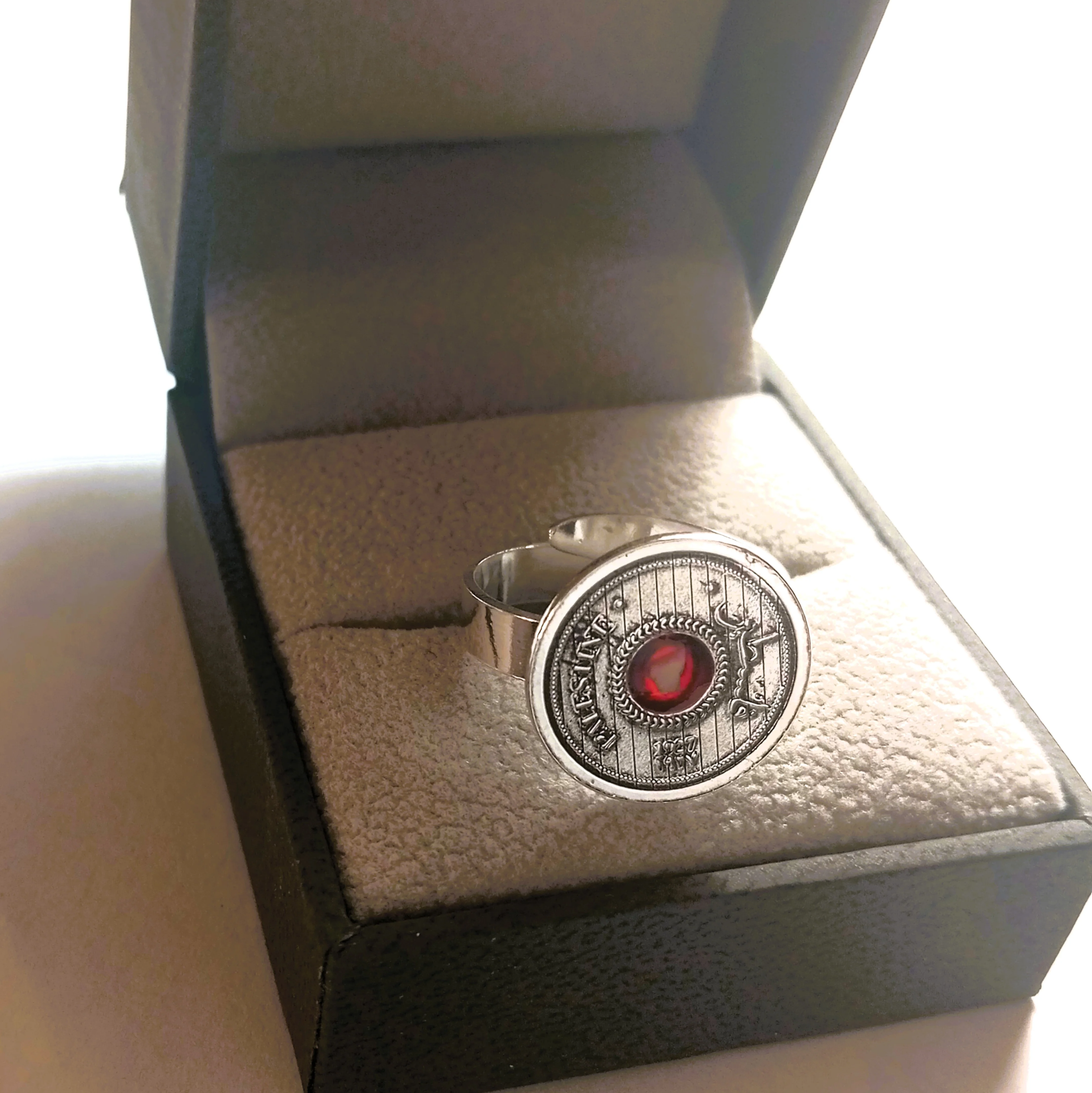 Silver coin ring with stones from different cities. Handmade in Palestine. Fair trade