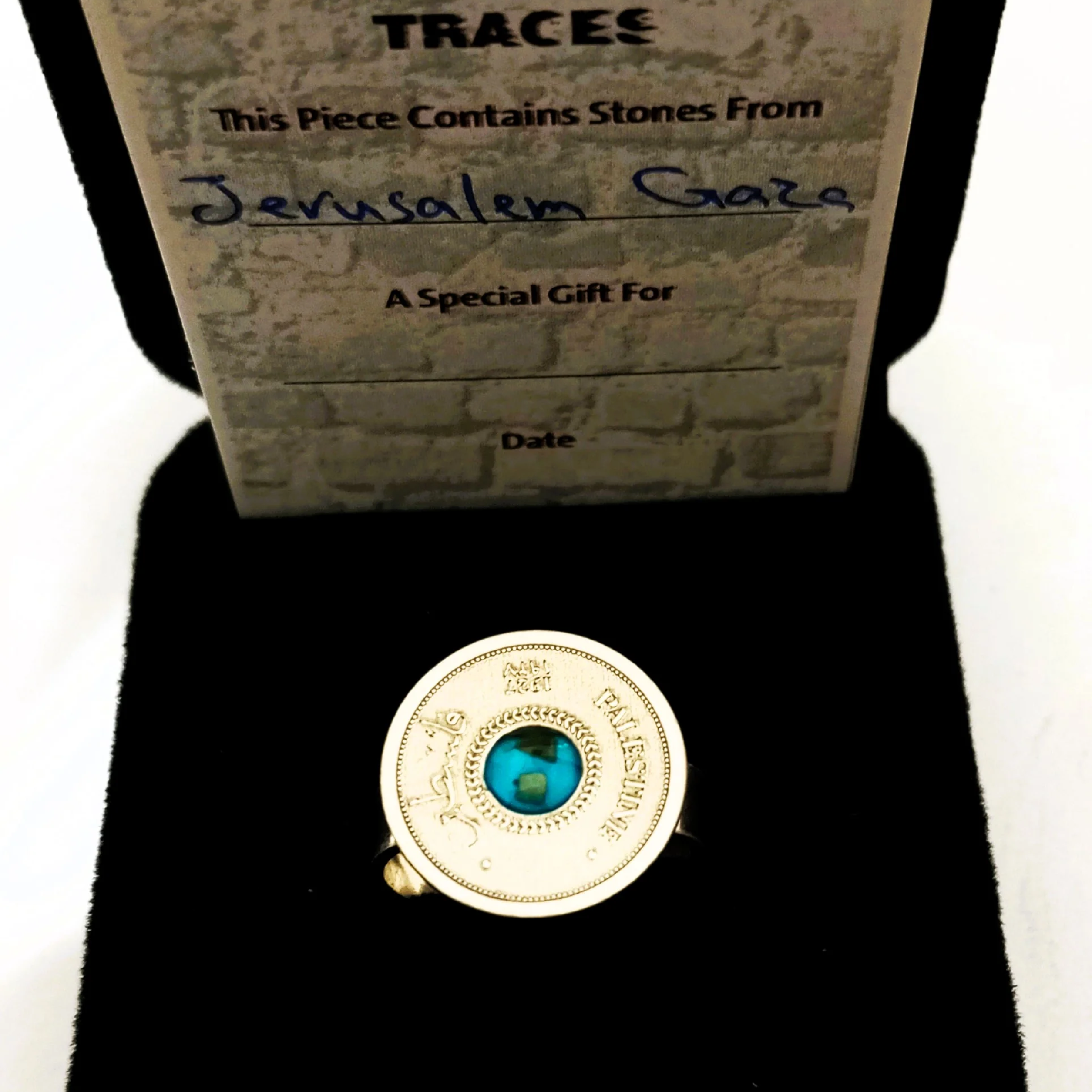 Silver coin ring with stones from different cities. Handmade in Palestine. Fair trade