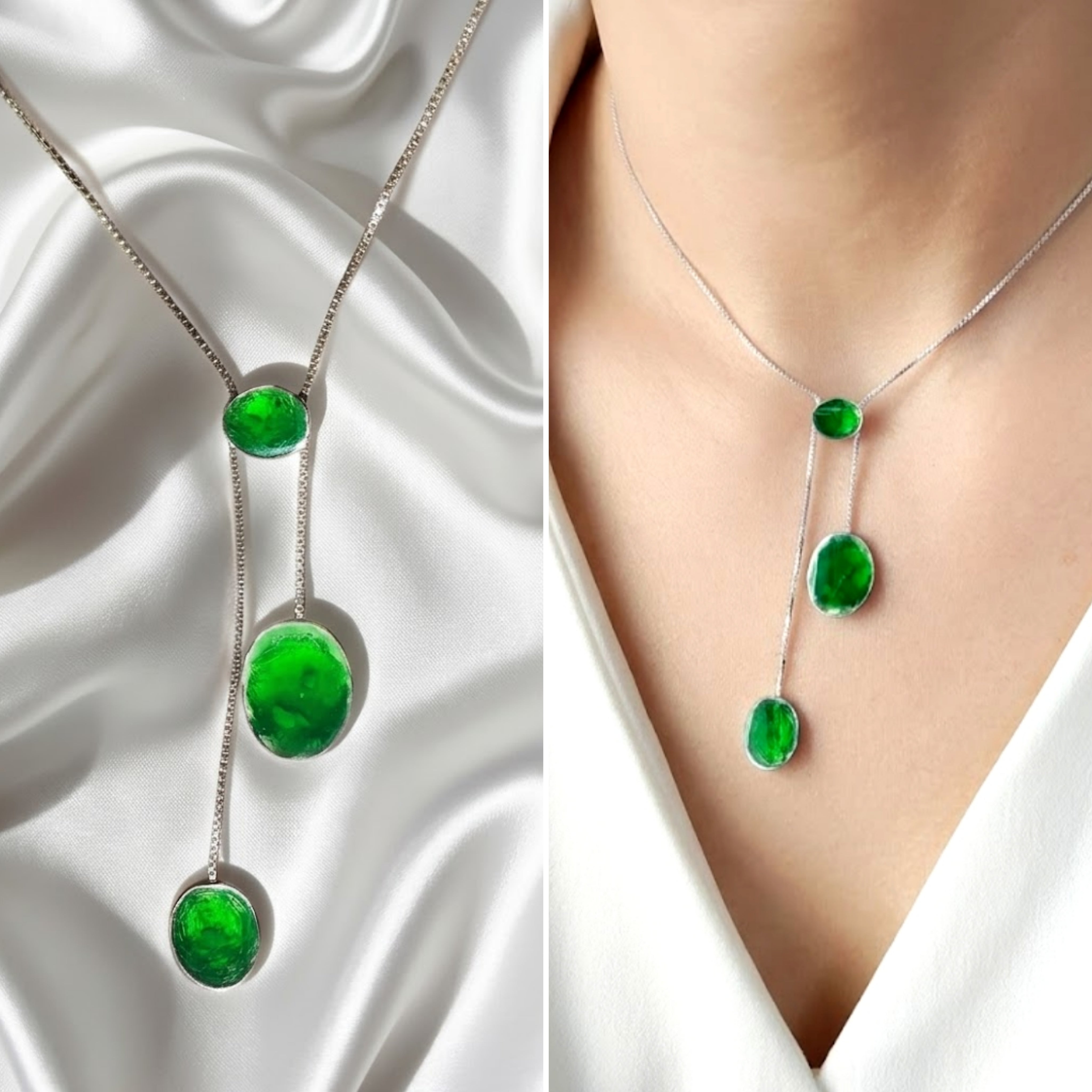 Silver necklace with green gemstones on a white fabric background. Palestine handmade jewelry owned
