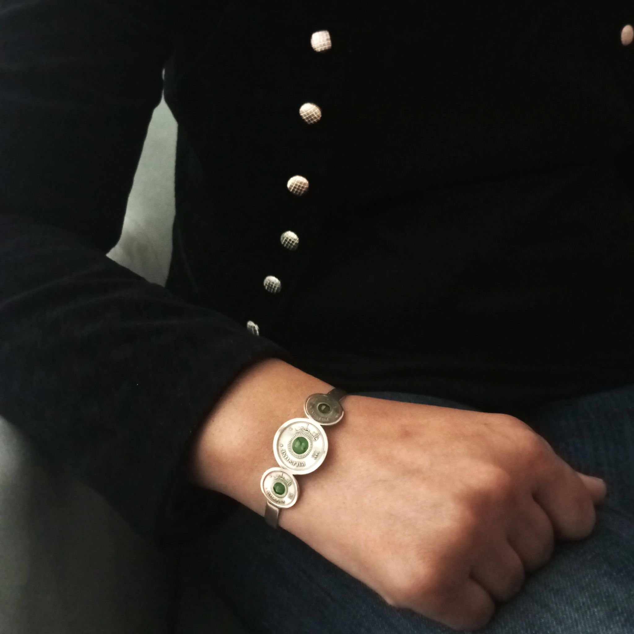 Palestine Coin Bracelet worn on the wrist, handmade Palestinian jewelry