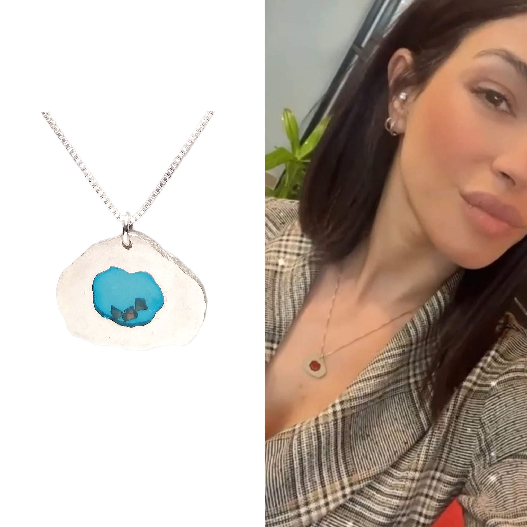 Woman wearing The Stone Necklace, showing how it sits when worn