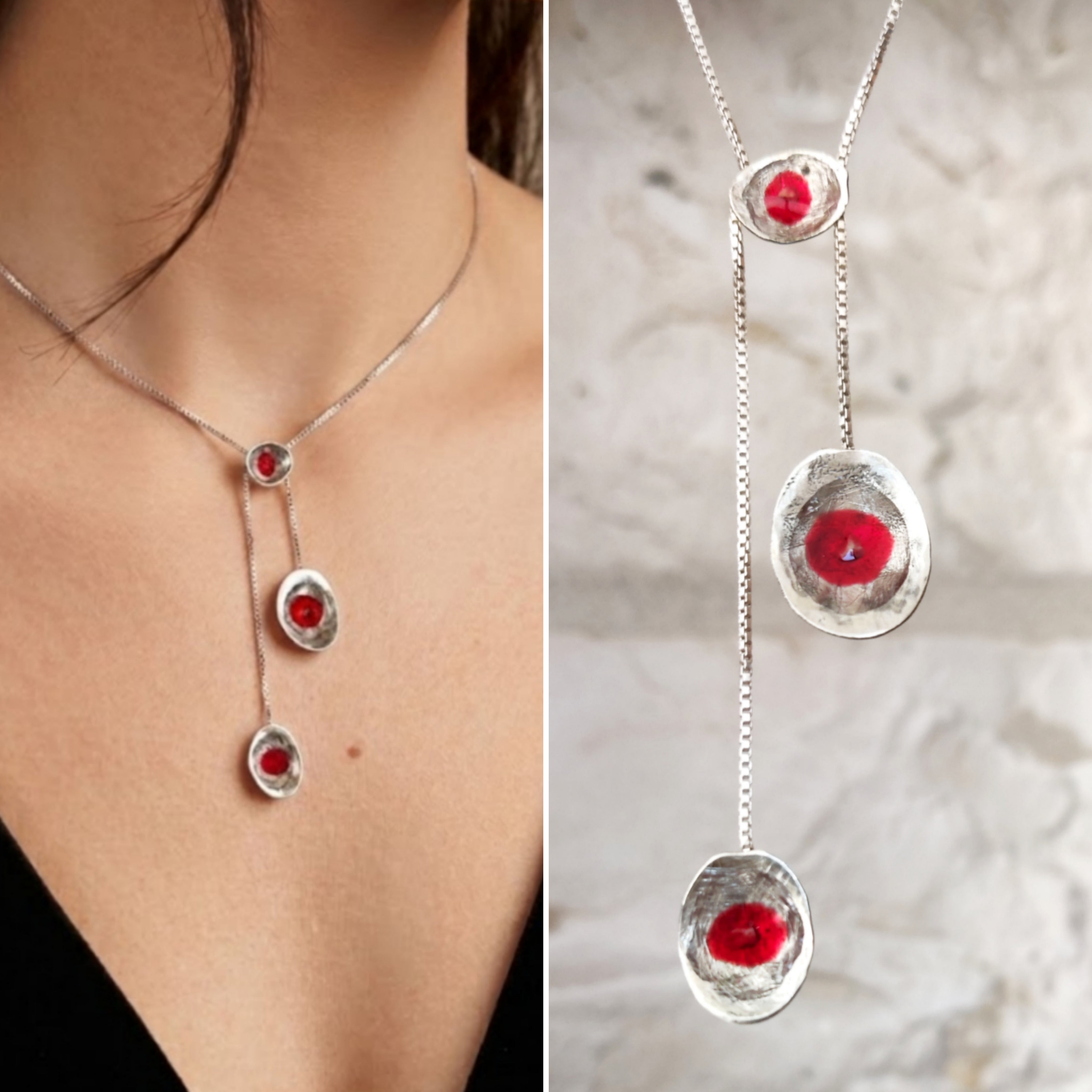 A silver lariat-style necklace with three dangling oval pendants, each featuring a textured silver border and a central red circular detail, shown worn on a model's neck on the left and hanging against a light stone background on the right. Made in Palestine. Brand