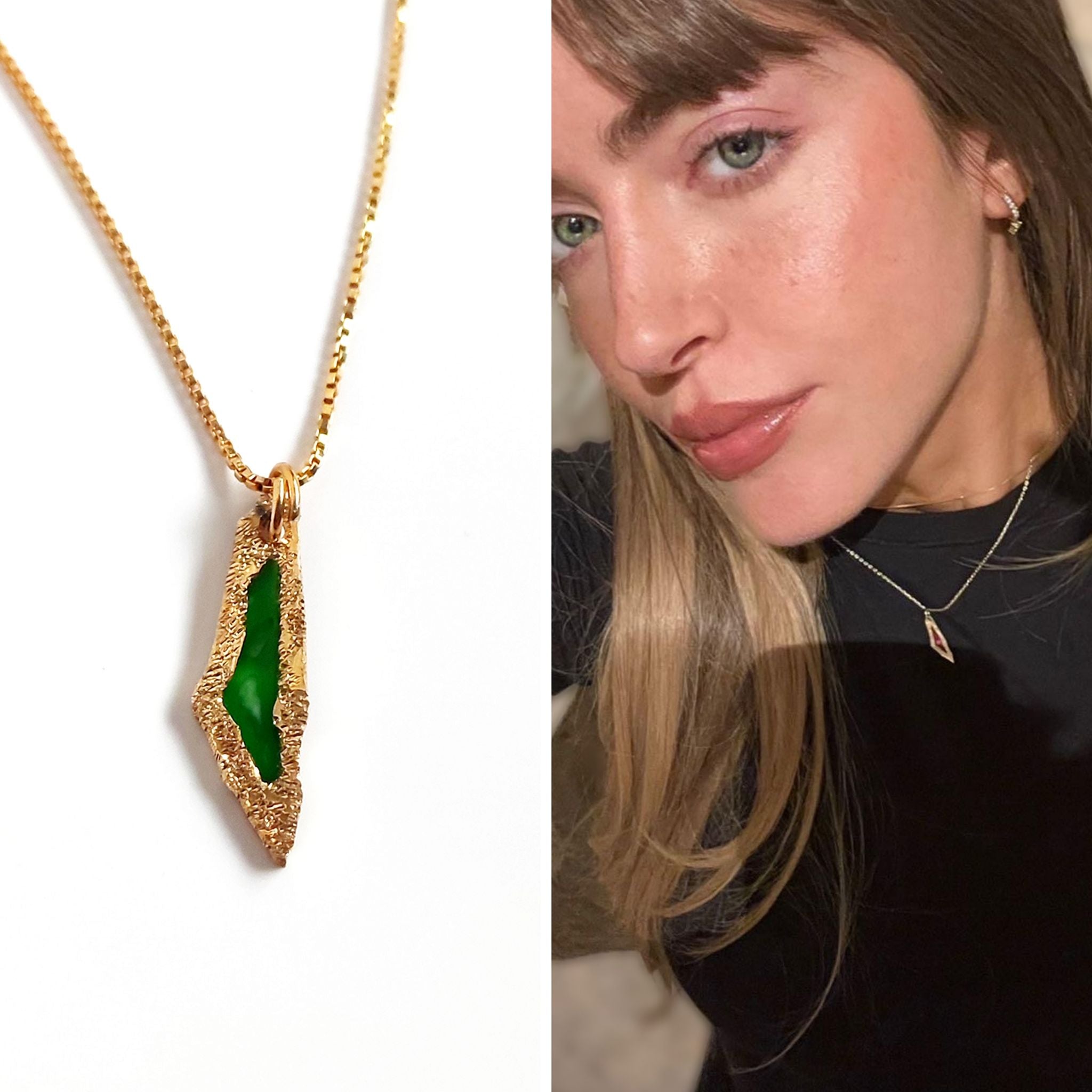 gold plated mini Palestine map necklace -green stone, worn.
