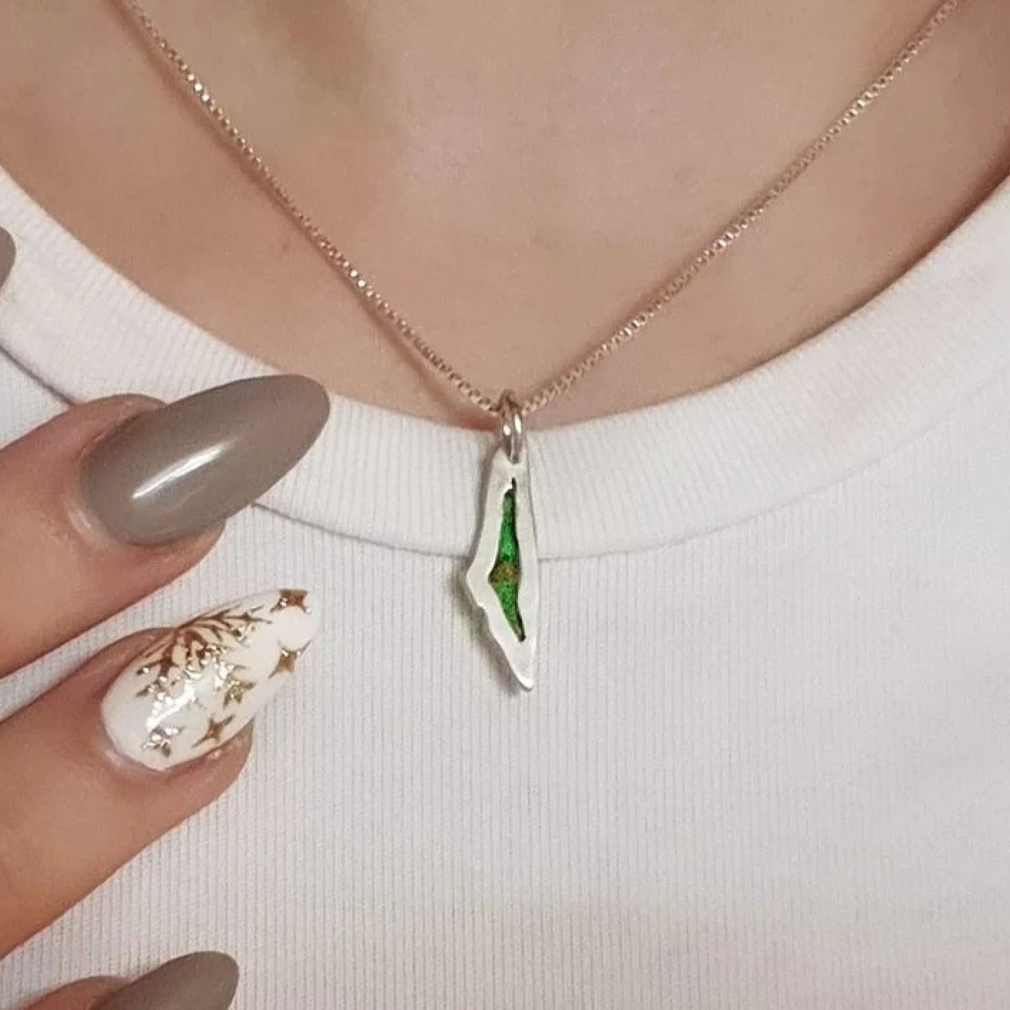 gold plated mini Palestine map necklace -green stone, worn.
