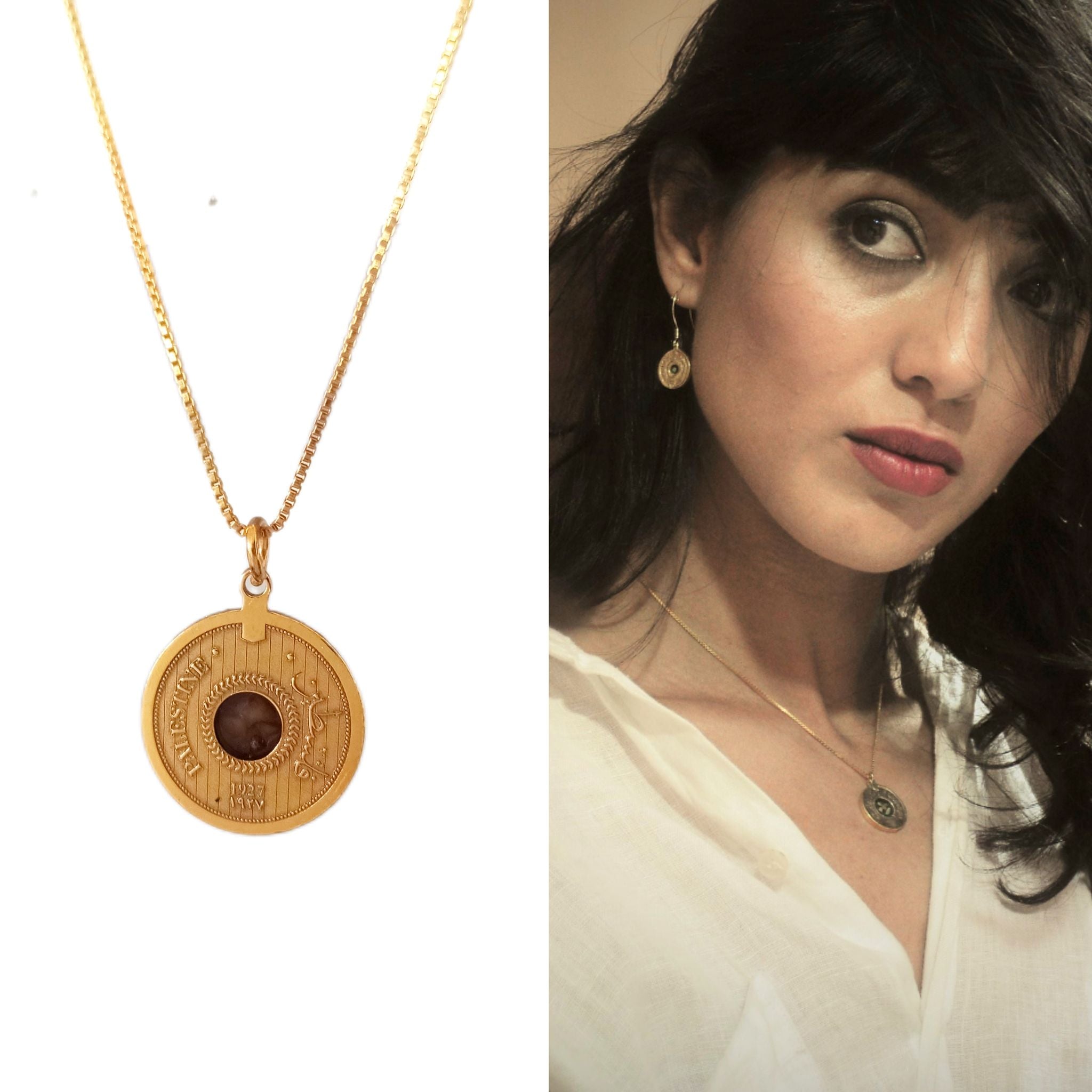 Palestine coin pendant with a stone from a chosen Palestinian city, worn and flatlay