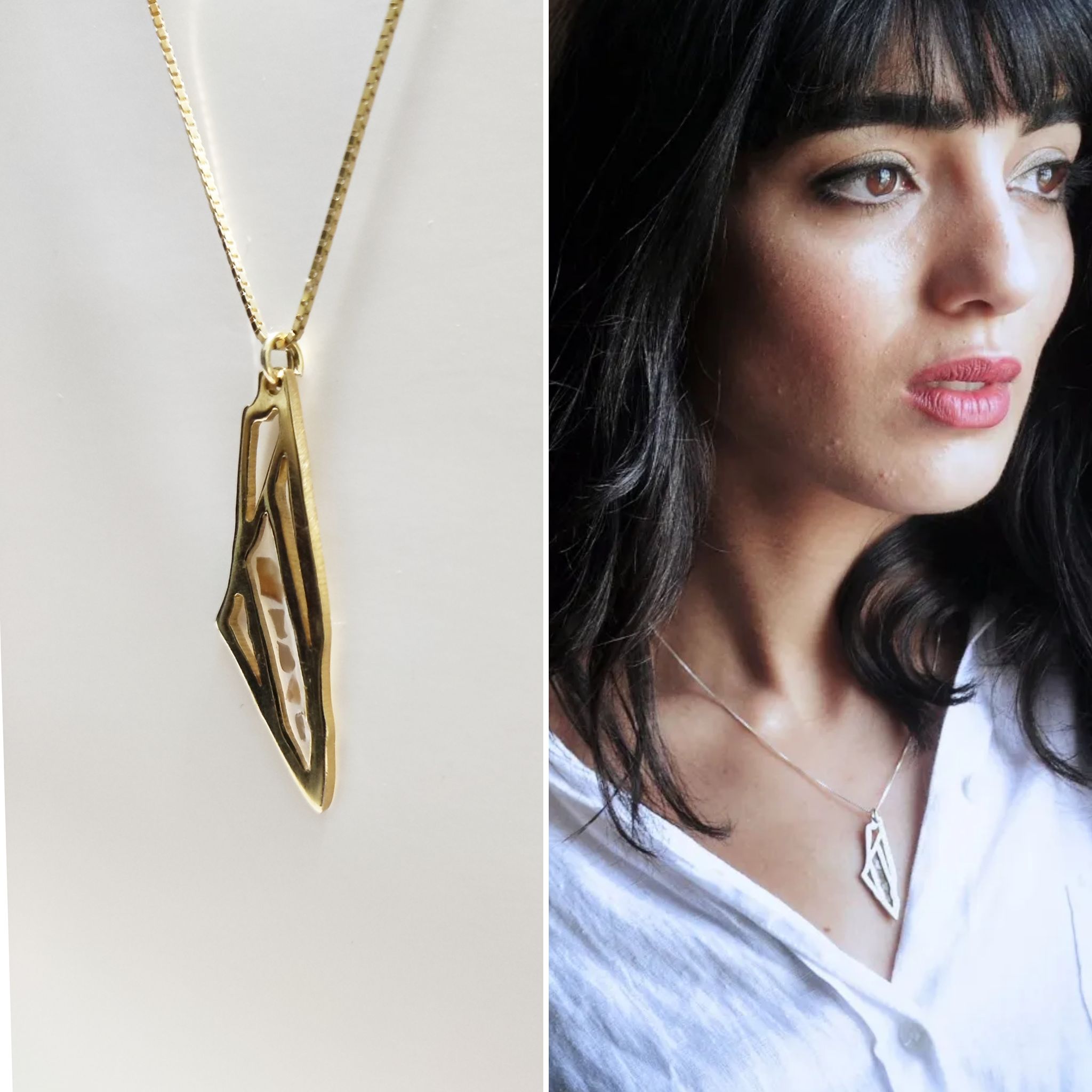 Woman wearing the Palestine map necklace, showing how the pendant sits when worn