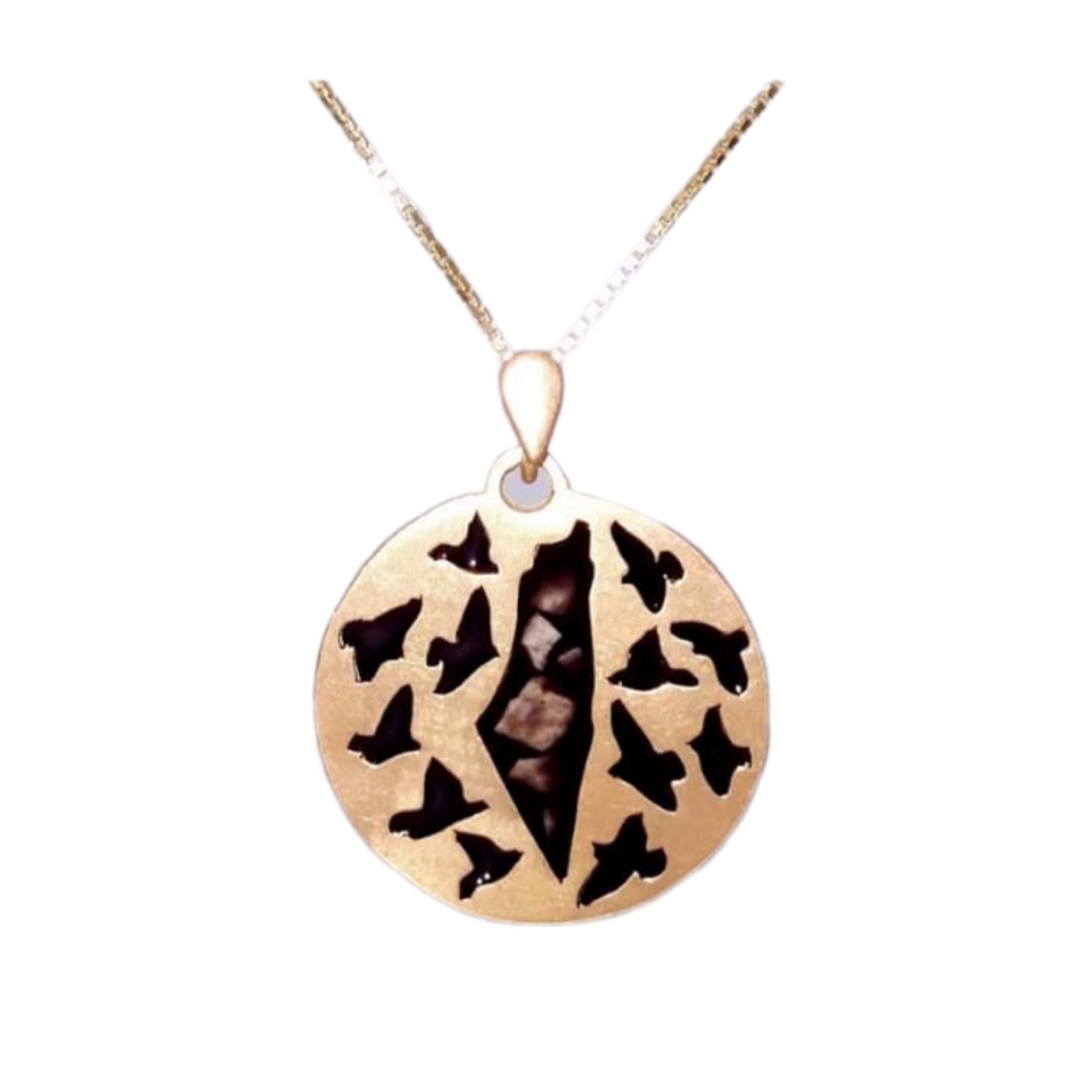 Silver Return Necklace with birds circling the map of Palestine, handmade in Ramallah