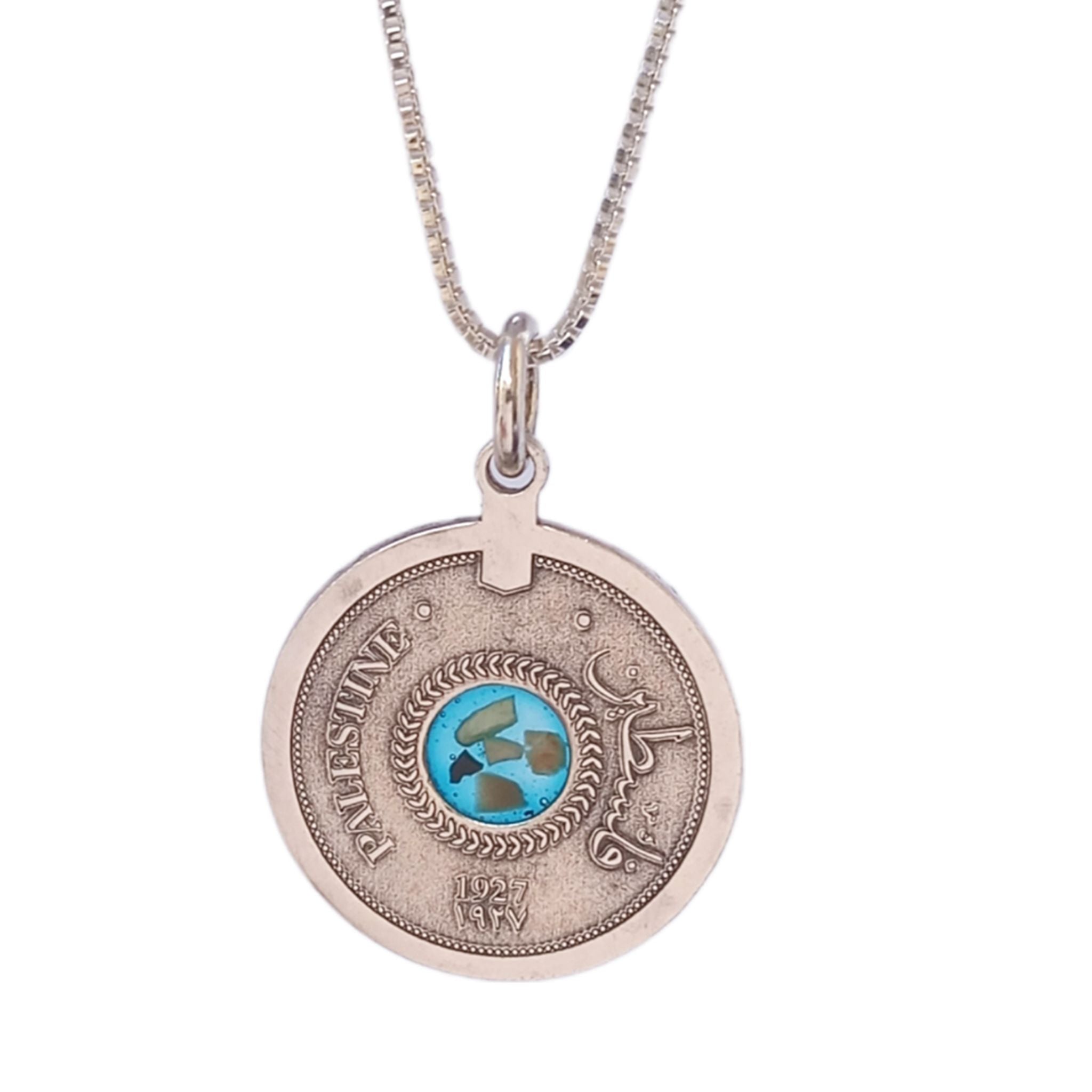 Silver Palestine Coin Necklace set with stones from Palestinian cities, blue.